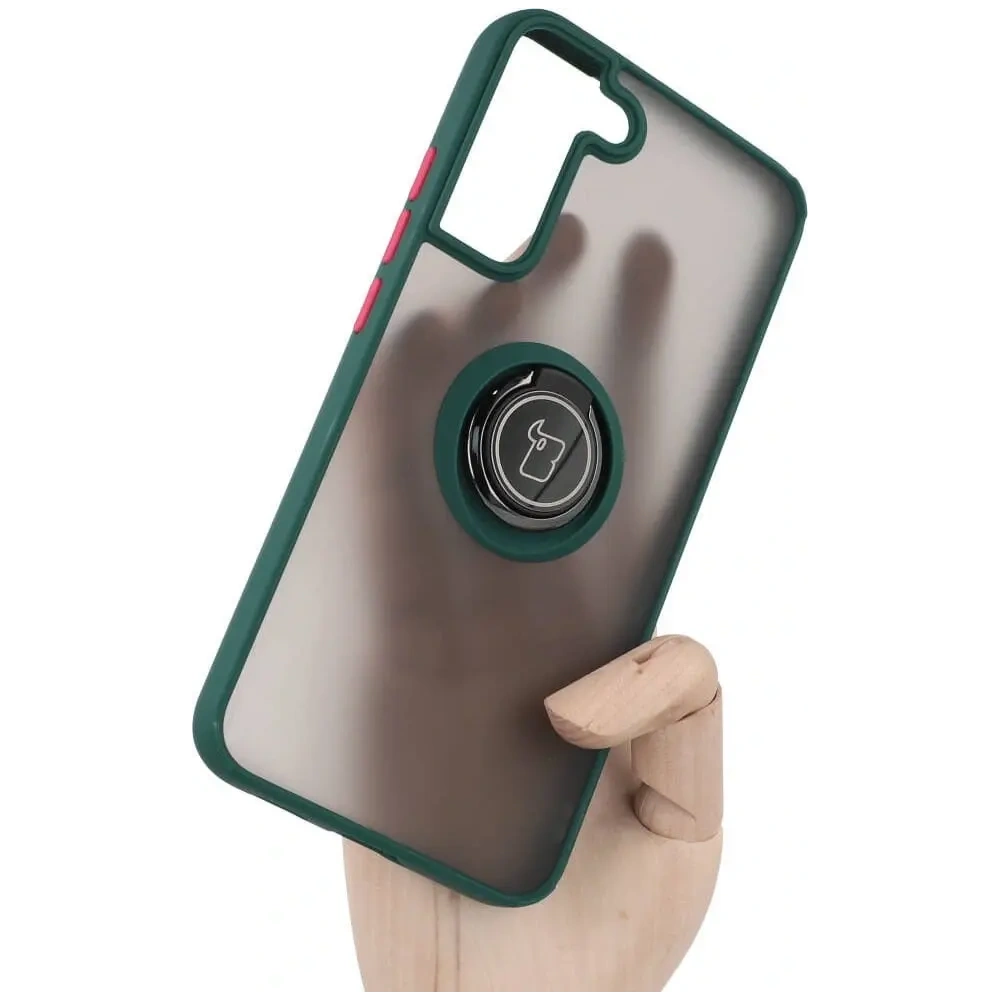 Etui z uchwytem na palec Bizon Case Hybrid Ring do Samsung Galaxy S22 Plus przydymione z ciemnozieloną ramką