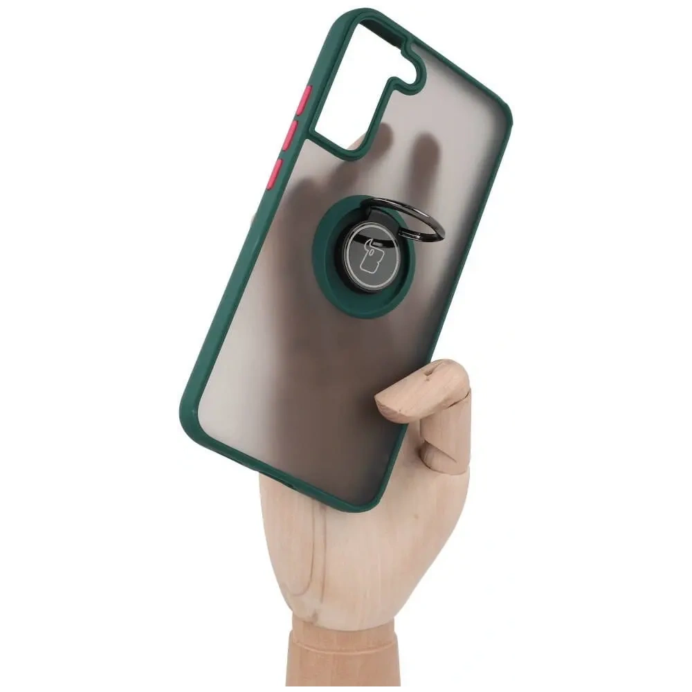 Etui z uchwytem na palec Bizon Case Hybrid Ring do Samsung Galaxy S22 Plus przydymione z ciemnozieloną ramką