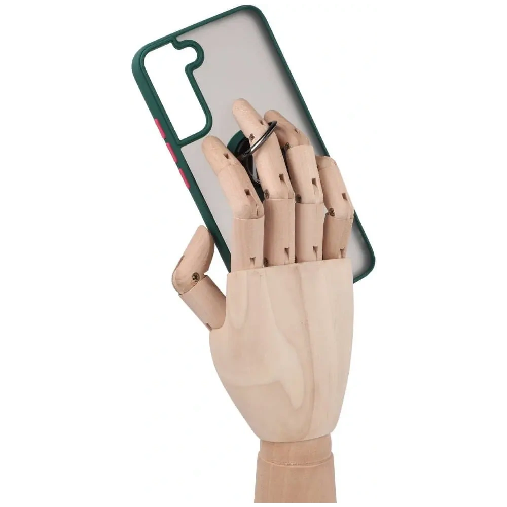 Etui z uchwytem na palec Bizon Case Hybrid Ring do Samsung Galaxy S22 Plus przydymione z ciemnozieloną ramką