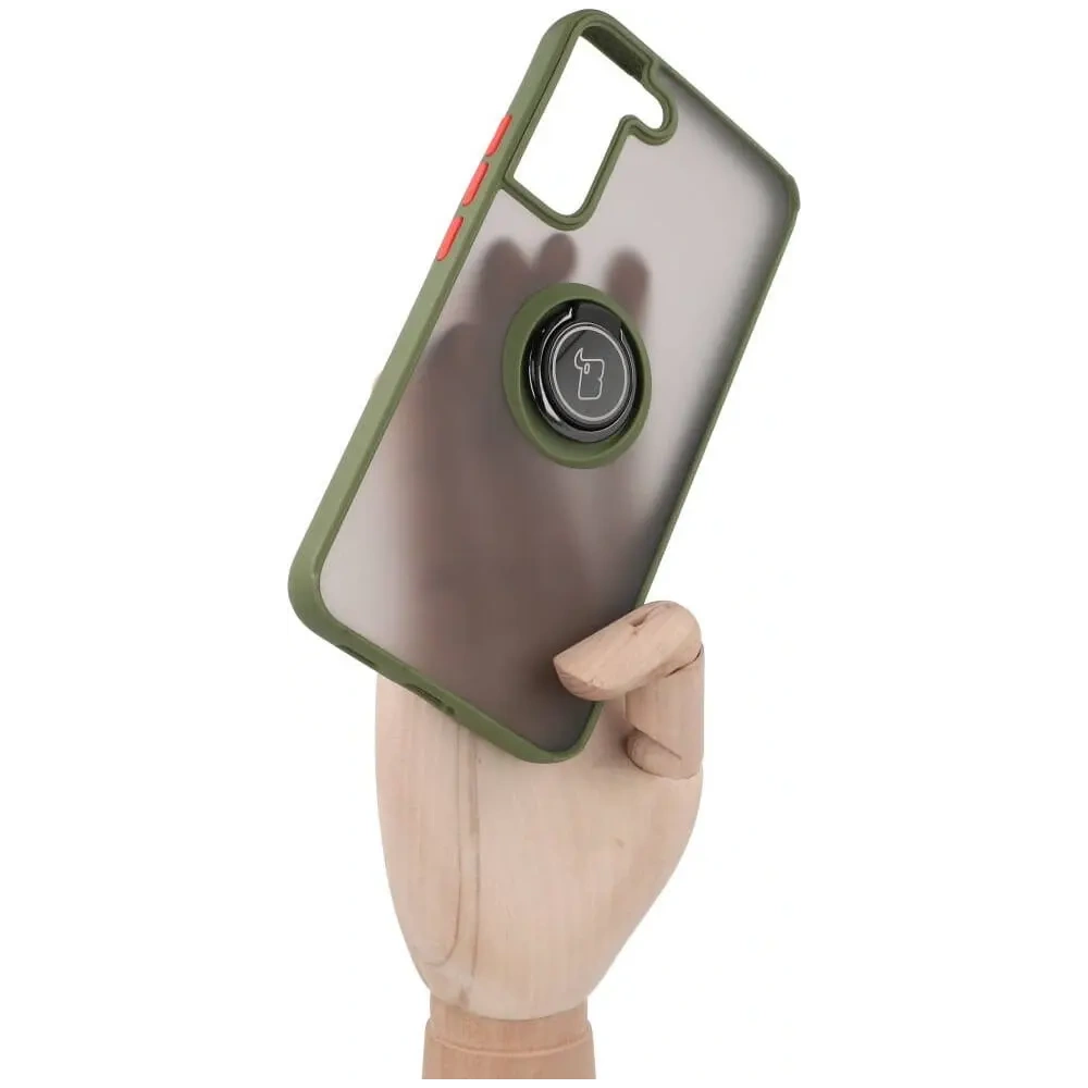 Etui z uchwytem na palec Bizon Case Hybrid Ring do Samsung Galaxy S22 Plus przydymione z zieloną ramką