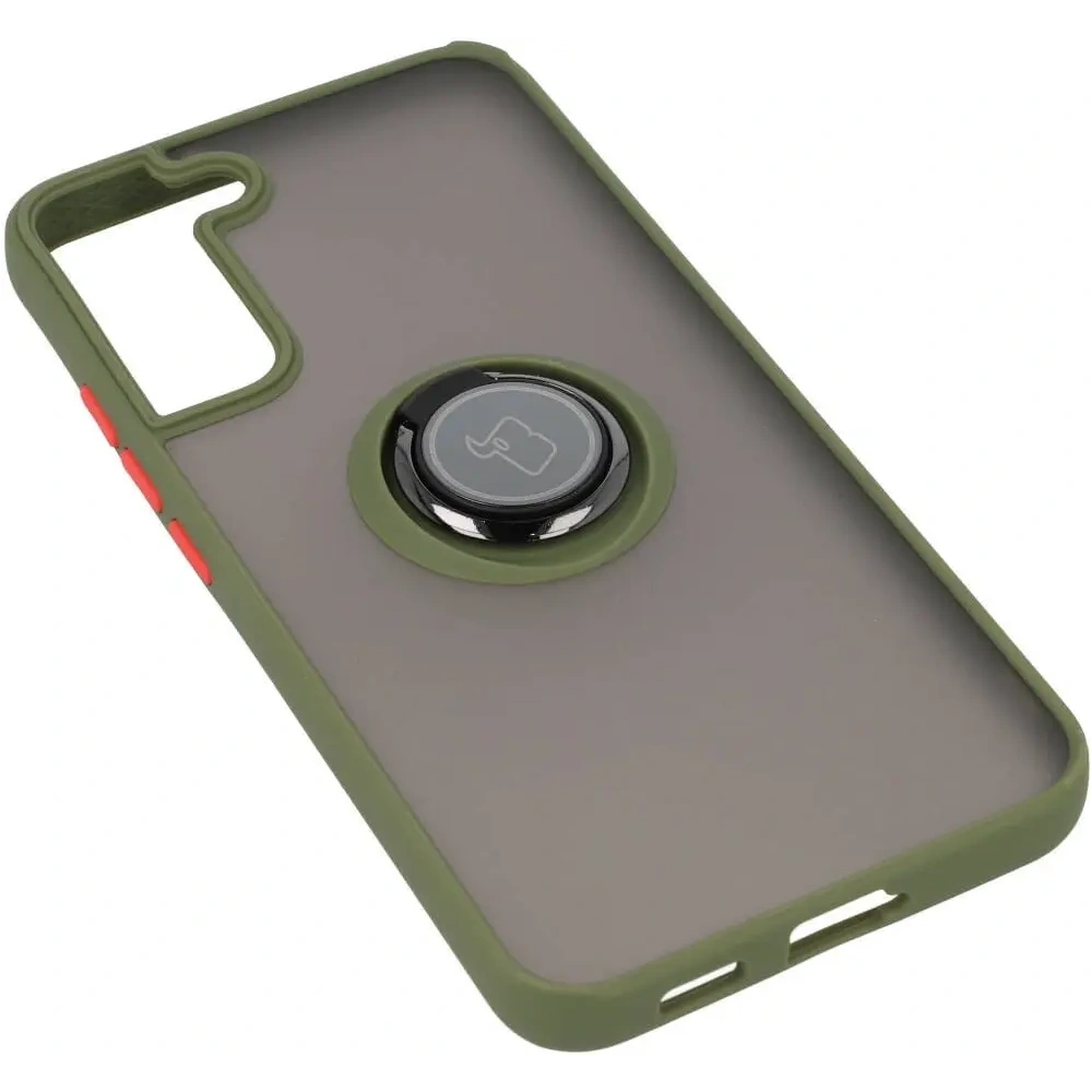 Etui z uchwytem na palec Bizon Case Hybrid Ring do Samsung Galaxy S22 Plus przydymione z zieloną ramką