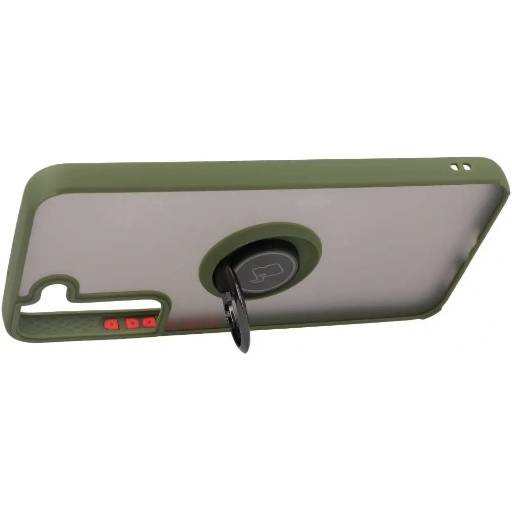 Etui z uchwytem na palec Bizon Case Hybrid Ring do Samsung Galaxy S22 Plus przydymione z zieloną ramką