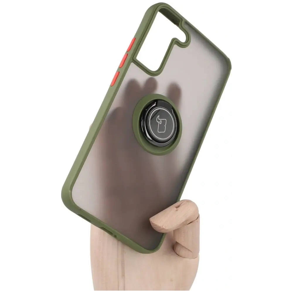 Etui z uchwytem na palec Bizon Case Hybrid Ring do Samsung Galaxy S22 Plus przydymione z zieloną ramką