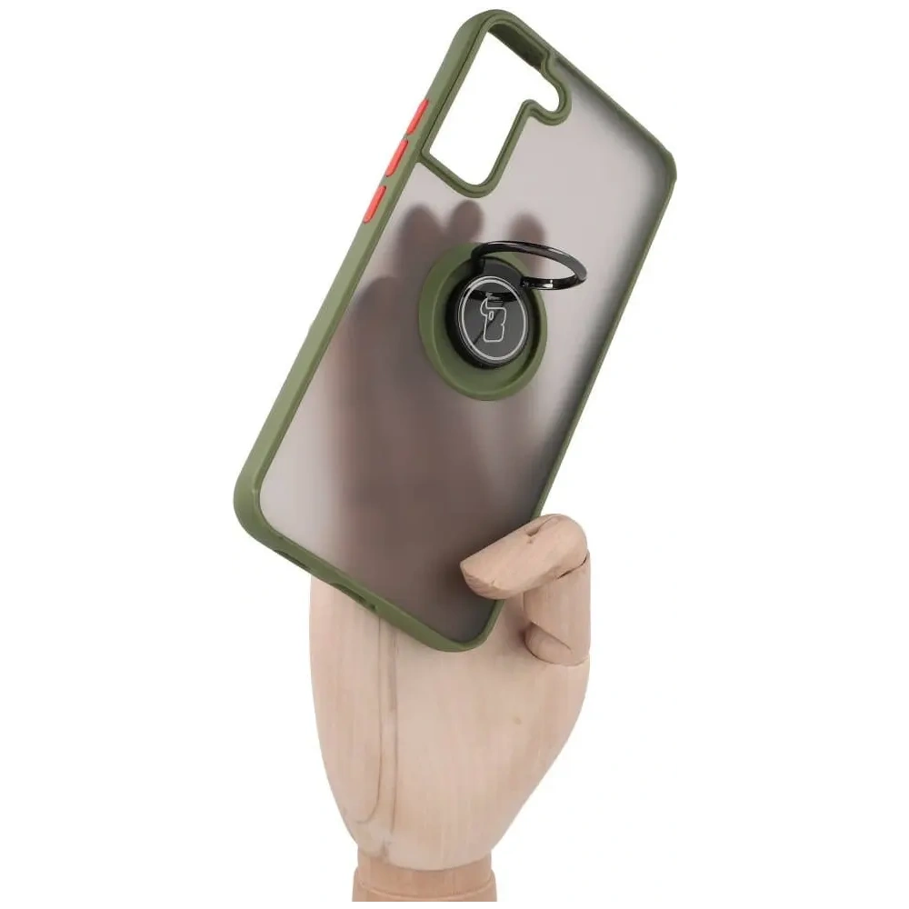 Etui z uchwytem na palec Bizon Case Hybrid Ring do Samsung Galaxy S22 Plus przydymione z zieloną ramką