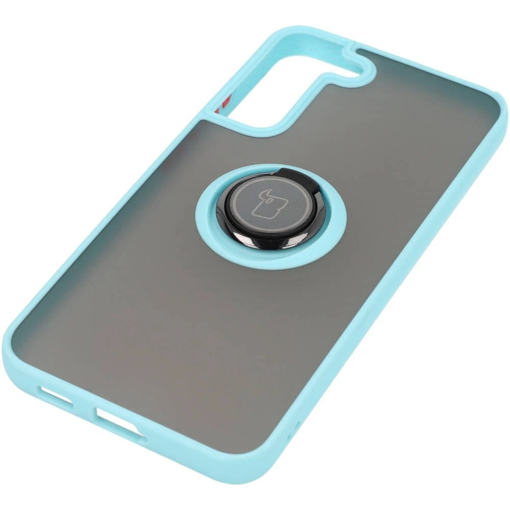 Etui z uchwytem na palec Bizon Case Hybrid Ring do Samsung Galaxy S22 Plus przydymione z jasnoniebieską ramką