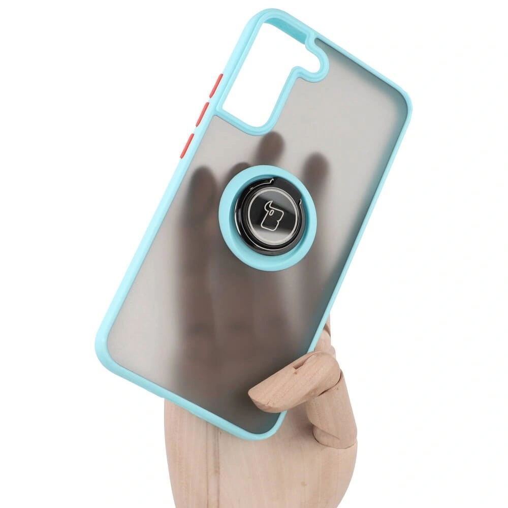 Etui z uchwytem na palec Bizon Case Hybrid Ring do Samsung Galaxy S22 Plus przydymione z jasnoniebieską ramką