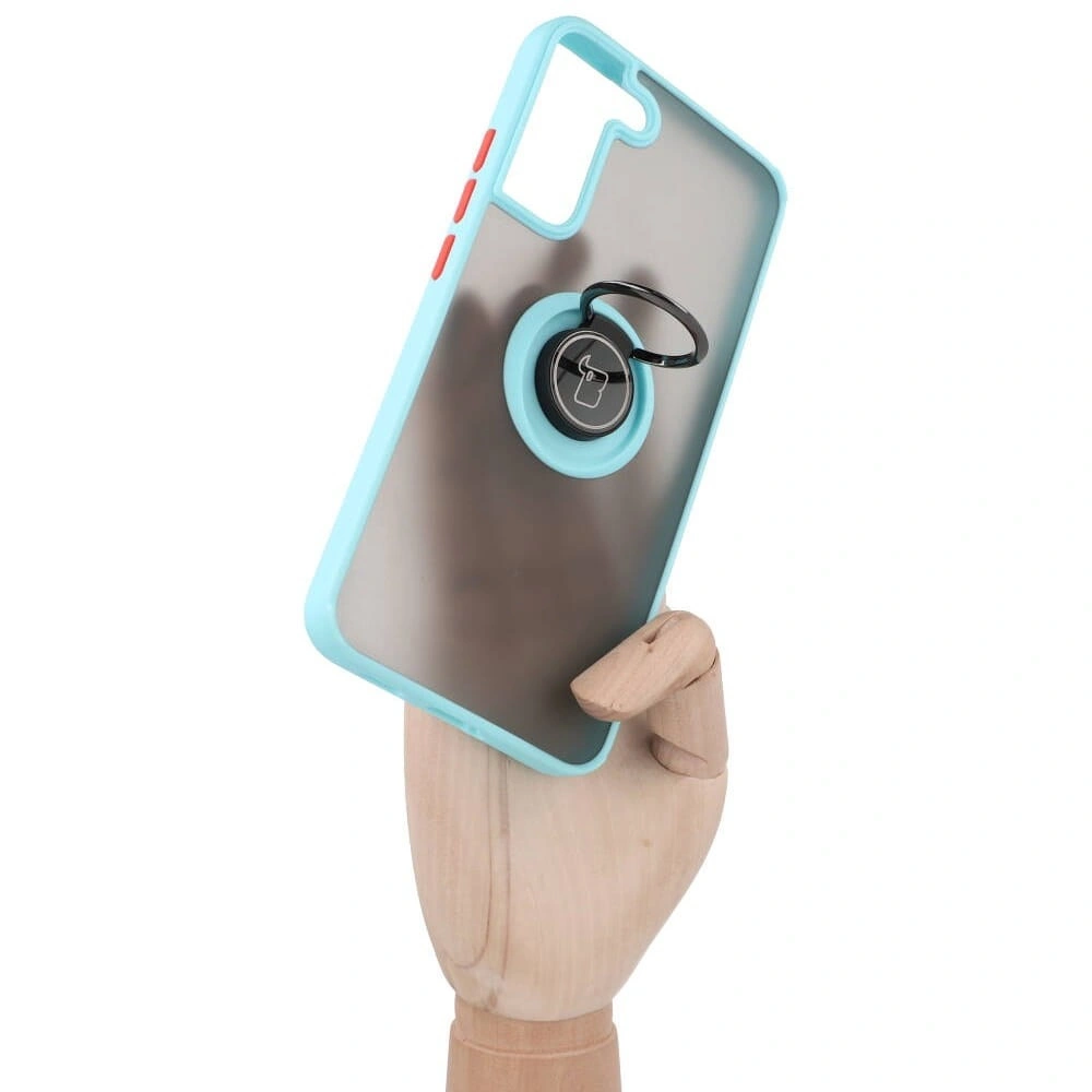 Etui z uchwytem na palec Bizon Case Hybrid Ring do Samsung Galaxy S22 Plus przydymione z jasnoniebieską ramką