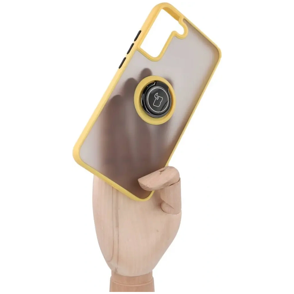 Etui z uchwytem na palec Bizon Case Hybrid Ring do Samsung Galaxy S22 Plus przydymione z żółtą ramką