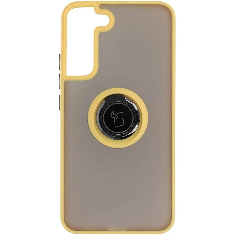 Etui z uchwytem na palec Bizon Case Hybrid Ring do Samsung Galaxy S22 Plus przydymione z żółtą ramką