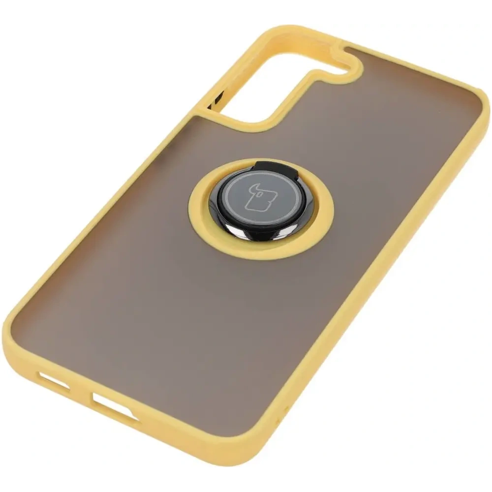 Etui z uchwytem na palec Bizon Case Hybrid Ring do Samsung Galaxy S22 Plus przydymione z żółtą ramką