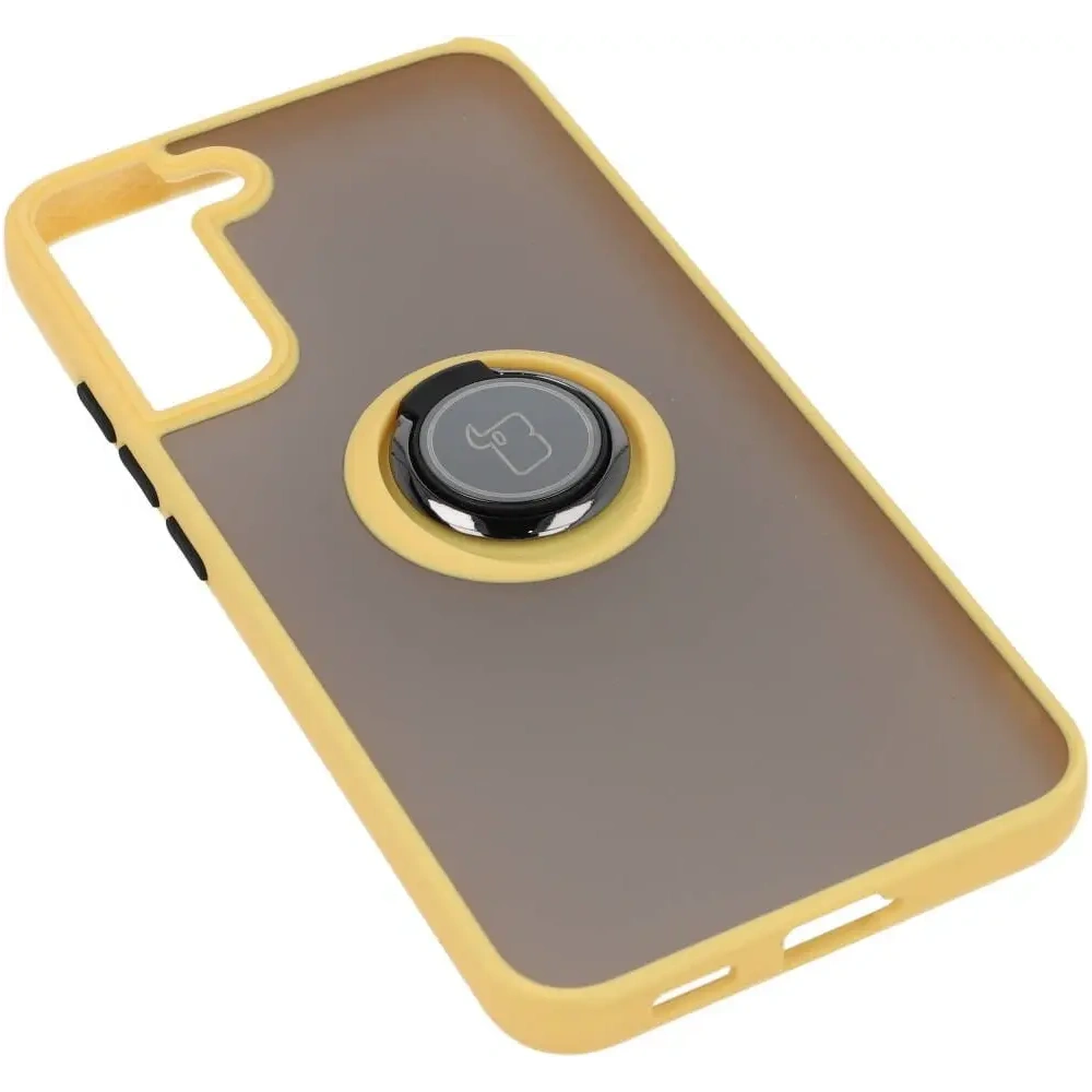Etui z uchwytem na palec Bizon Case Hybrid Ring do Samsung Galaxy S22 Plus przydymione z żółtą ramką