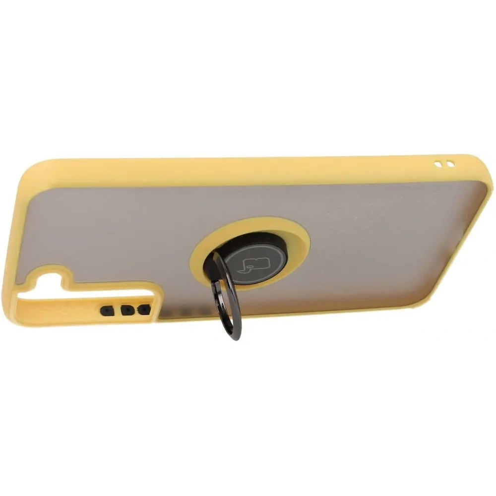 Etui z uchwytem na palec Bizon Case Hybrid Ring do Samsung Galaxy S22 Plus przydymione z żółtą ramką