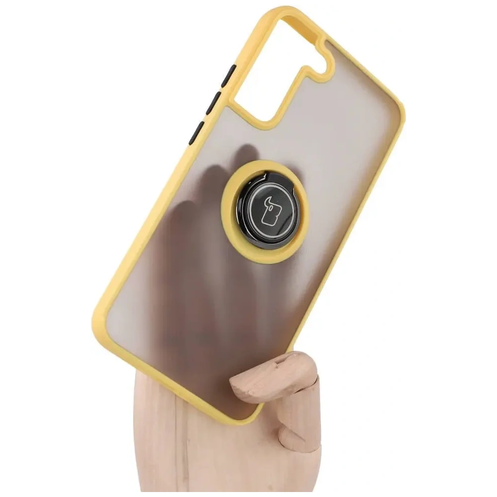 Etui z uchwytem na palec Bizon Case Hybrid Ring do Samsung Galaxy S22 Plus przydymione z żółtą ramką