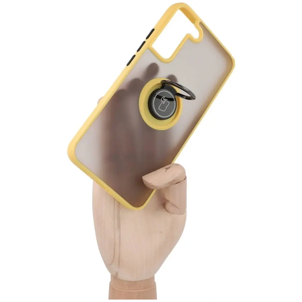 Etui z uchwytem na palec Bizon Case Hybrid Ring do Samsung Galaxy S22 Plus przydymione z żółtą ramką