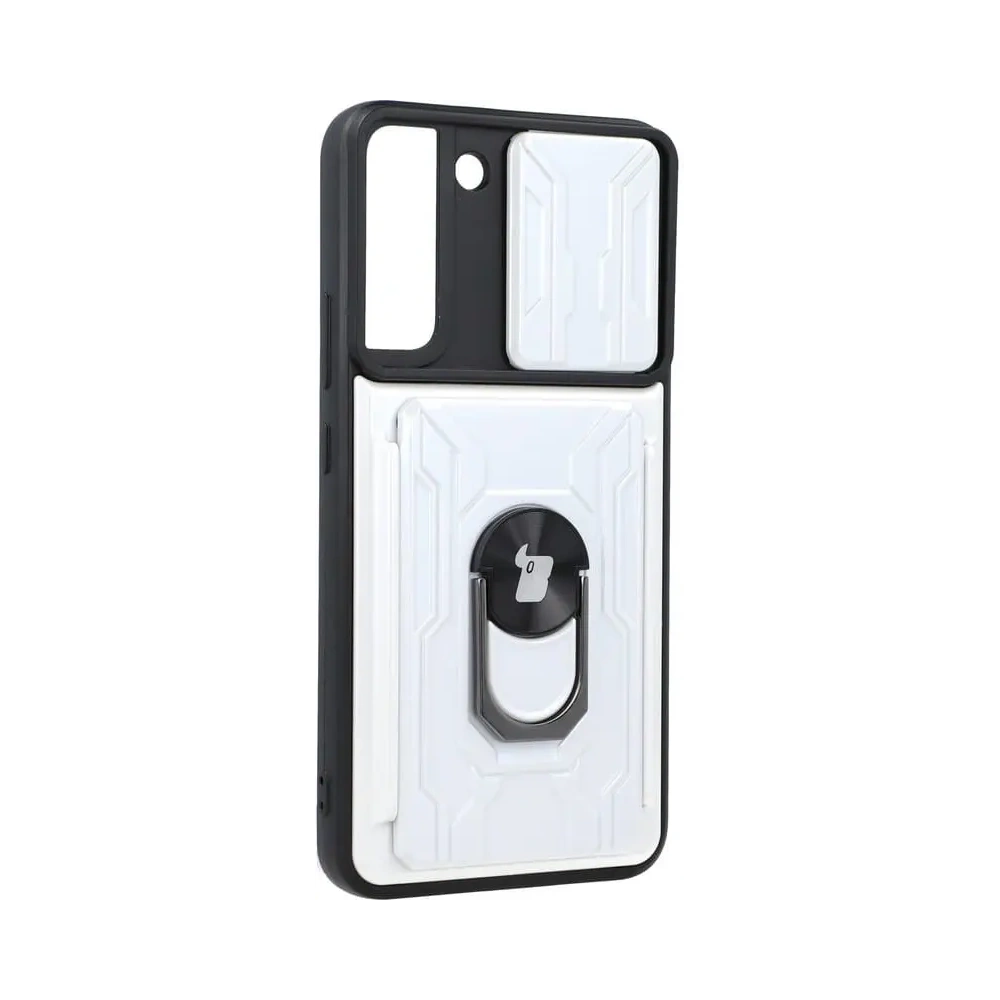 Etui Bizon Case Camshield Card Slot Ring do Samsung Galaxy S22 Plus białe