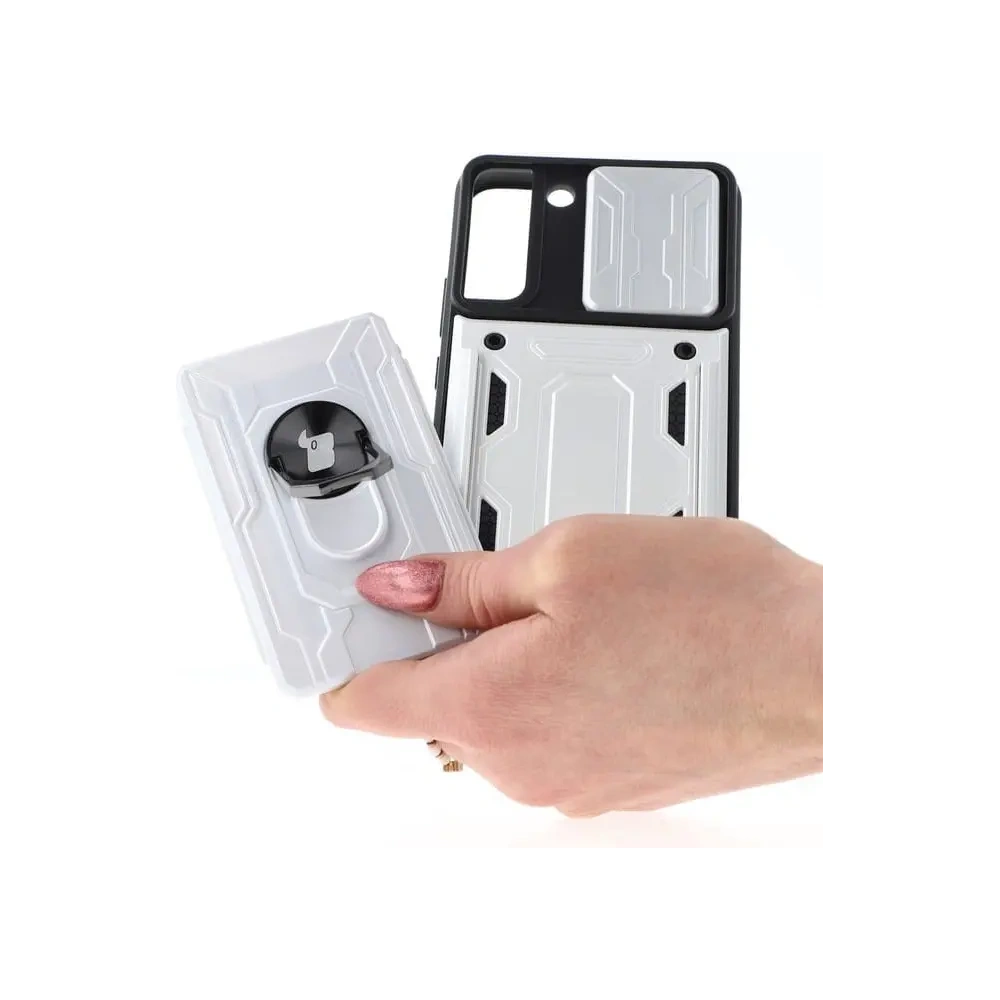Etui Bizon Case Camshield Card Slot Ring do Samsung Galaxy S22 Plus białe