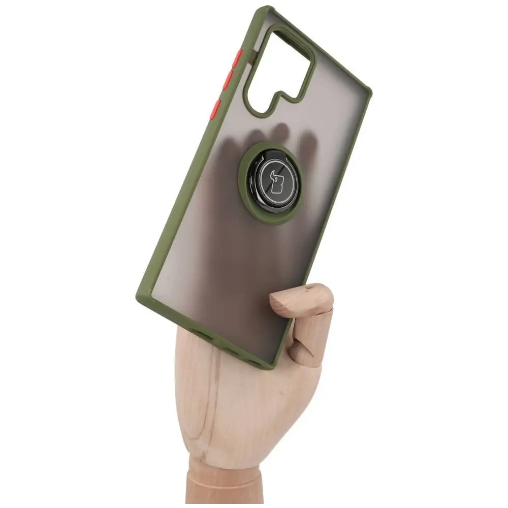 Etui z uchwytem na palec Bizon Case Hybrid Ring do Samsung Galaxy S22 Ultra przydymione z zieloną ramką
