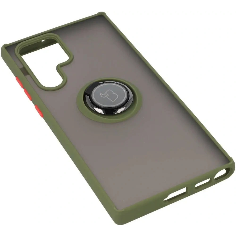 Etui z uchwytem na palec Bizon Case Hybrid Ring do Samsung Galaxy S22 Ultra przydymione z zieloną ramką
