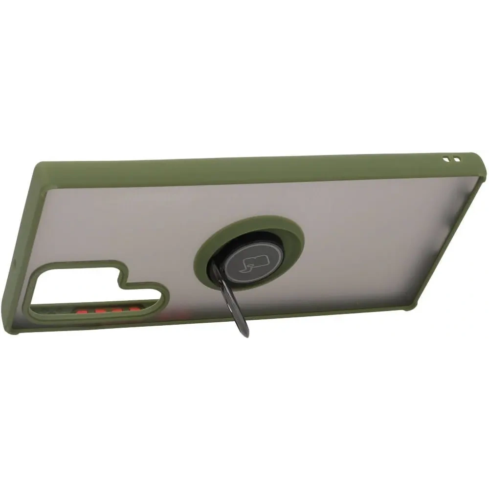Etui z uchwytem na palec Bizon Case Hybrid Ring do Samsung Galaxy S22 Ultra przydymione z zieloną ramką