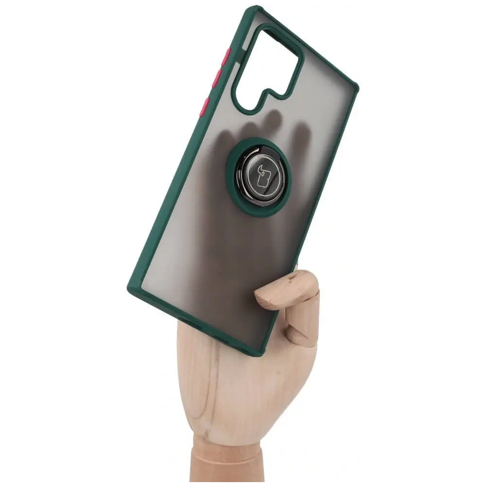 Etui z uchwytem na palec Bizon Case Hybrid Ring do Samsung Galaxy S22 Ultra przydymione z ciemnozieloną ramką