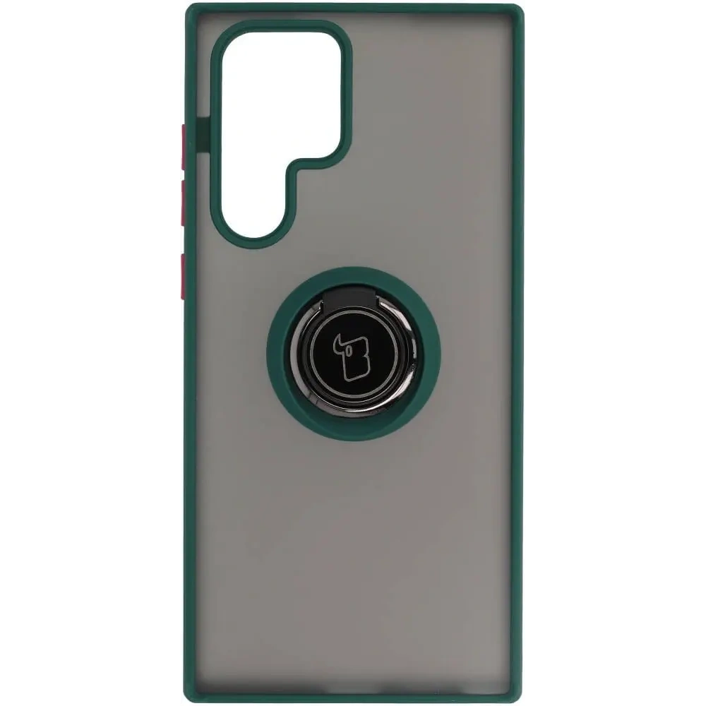 Etui z uchwytem na palec Bizon Case Hybrid Ring do Samsung Galaxy S22 Ultra przydymione z ciemnozieloną ramką