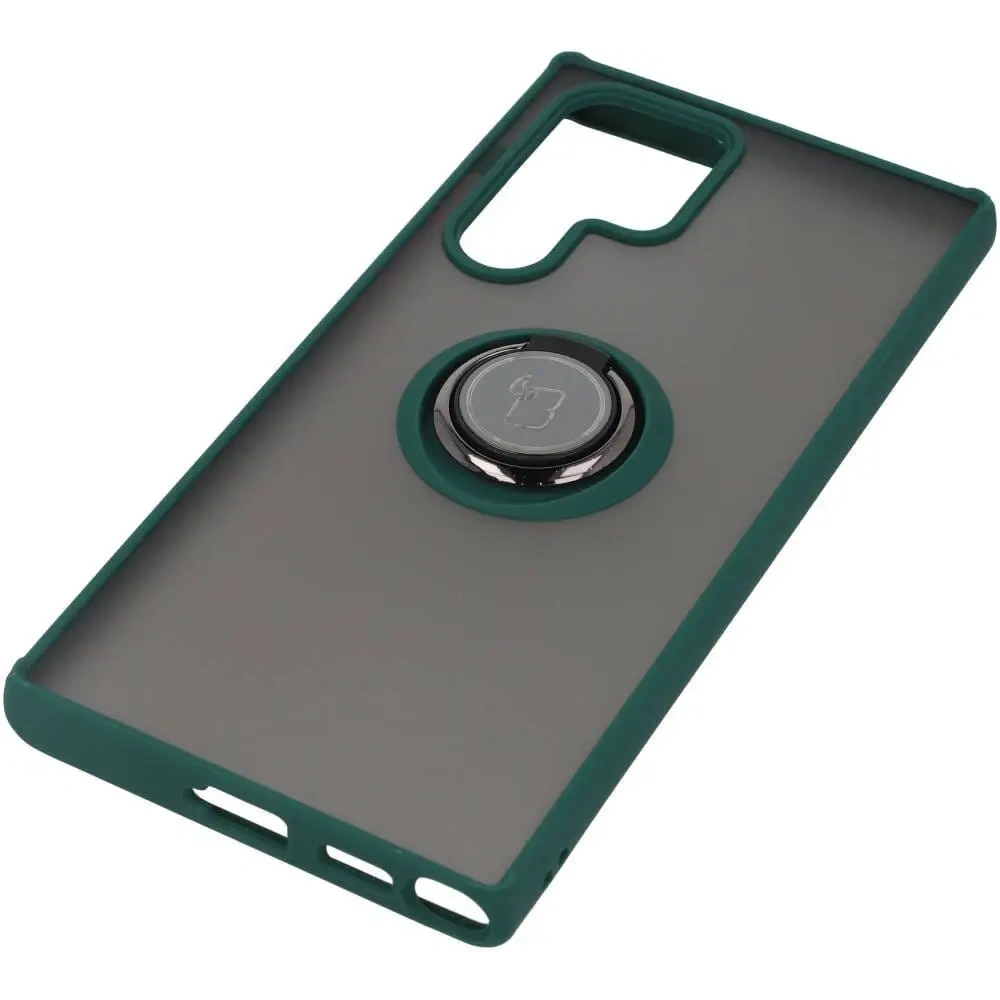 Etui z uchwytem na palec Bizon Case Hybrid Ring do Samsung Galaxy S22 Ultra przydymione z ciemnozieloną ramką