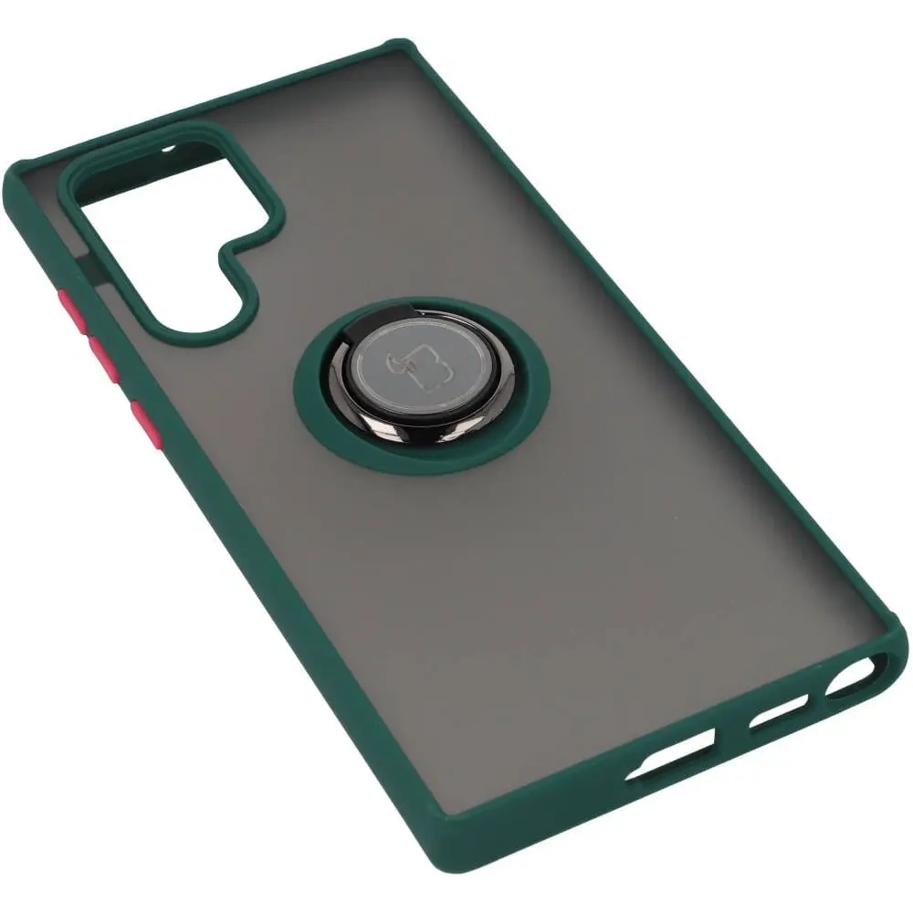 Etui z uchwytem na palec Bizon Case Hybrid Ring do Samsung Galaxy S22 Ultra przydymione z ciemnozieloną ramką