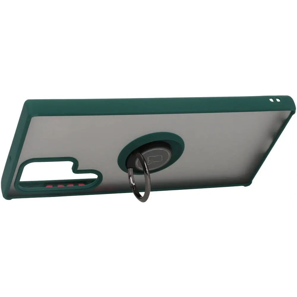 Etui z uchwytem na palec Bizon Case Hybrid Ring do Samsung Galaxy S22 Ultra przydymione z ciemnozieloną ramką