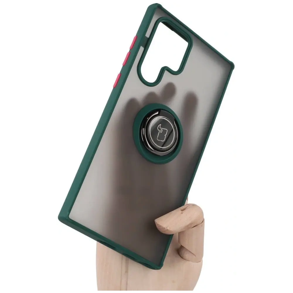 Etui z uchwytem na palec Bizon Case Hybrid Ring do Samsung Galaxy S22 Ultra przydymione z ciemnozieloną ramką