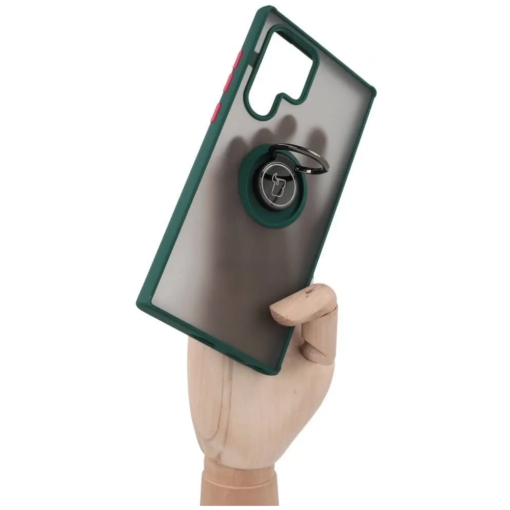 Etui z uchwytem na palec Bizon Case Hybrid Ring do Samsung Galaxy S22 Ultra przydymione z ciemnozieloną ramką