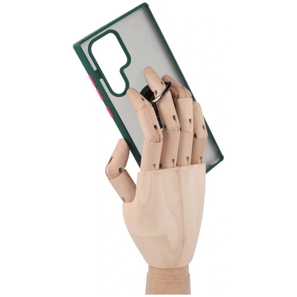 Etui z uchwytem na palec Bizon Case Hybrid Ring do Samsung Galaxy S22 Ultra przydymione z ciemnozieloną ramką