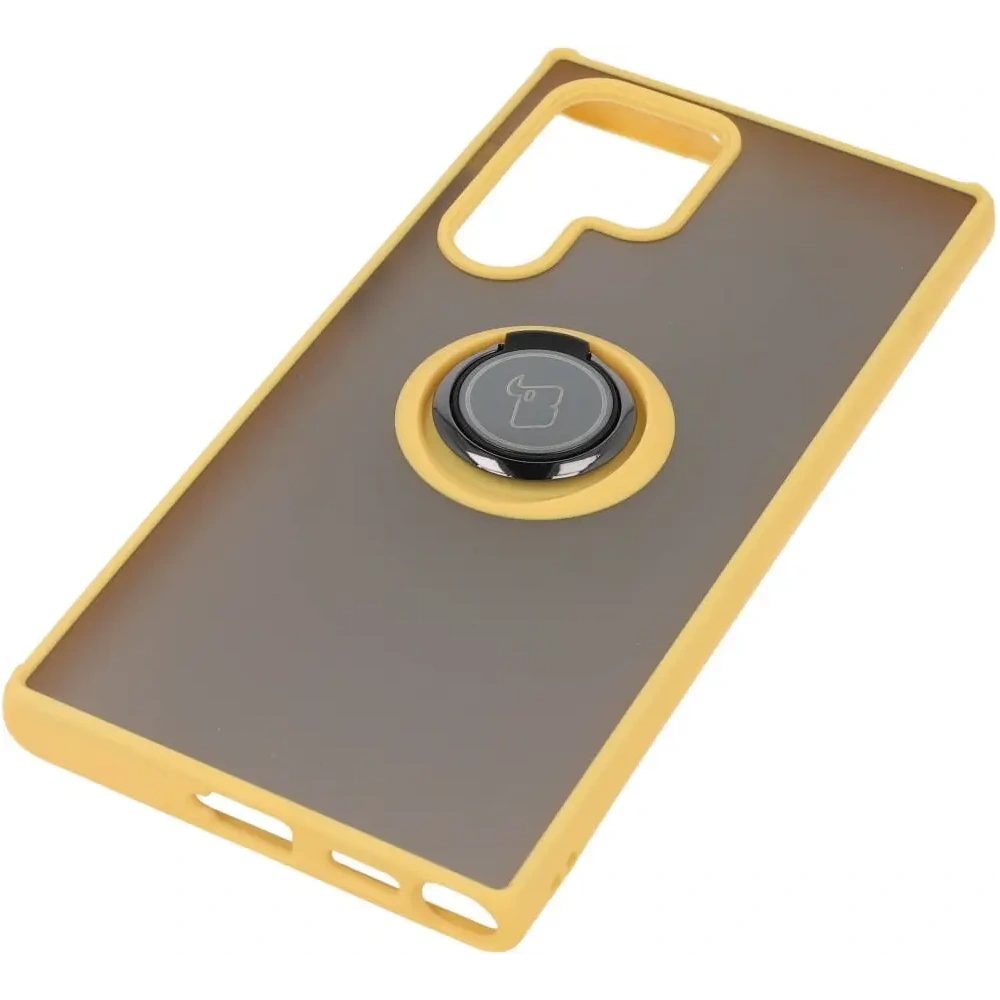 Etui z uchwytem na palec Bizon Case Hybrid Ring do Samsung Galaxy S22 Ultra przydymione z żółtą ramką