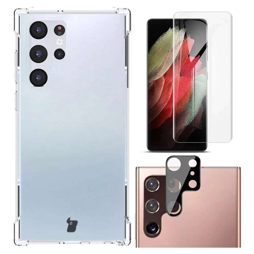 Etui + 2x folia + obiektyw Bizon Case Clear Pack do Samsung Galaxy S22 Ultra przezroczyste