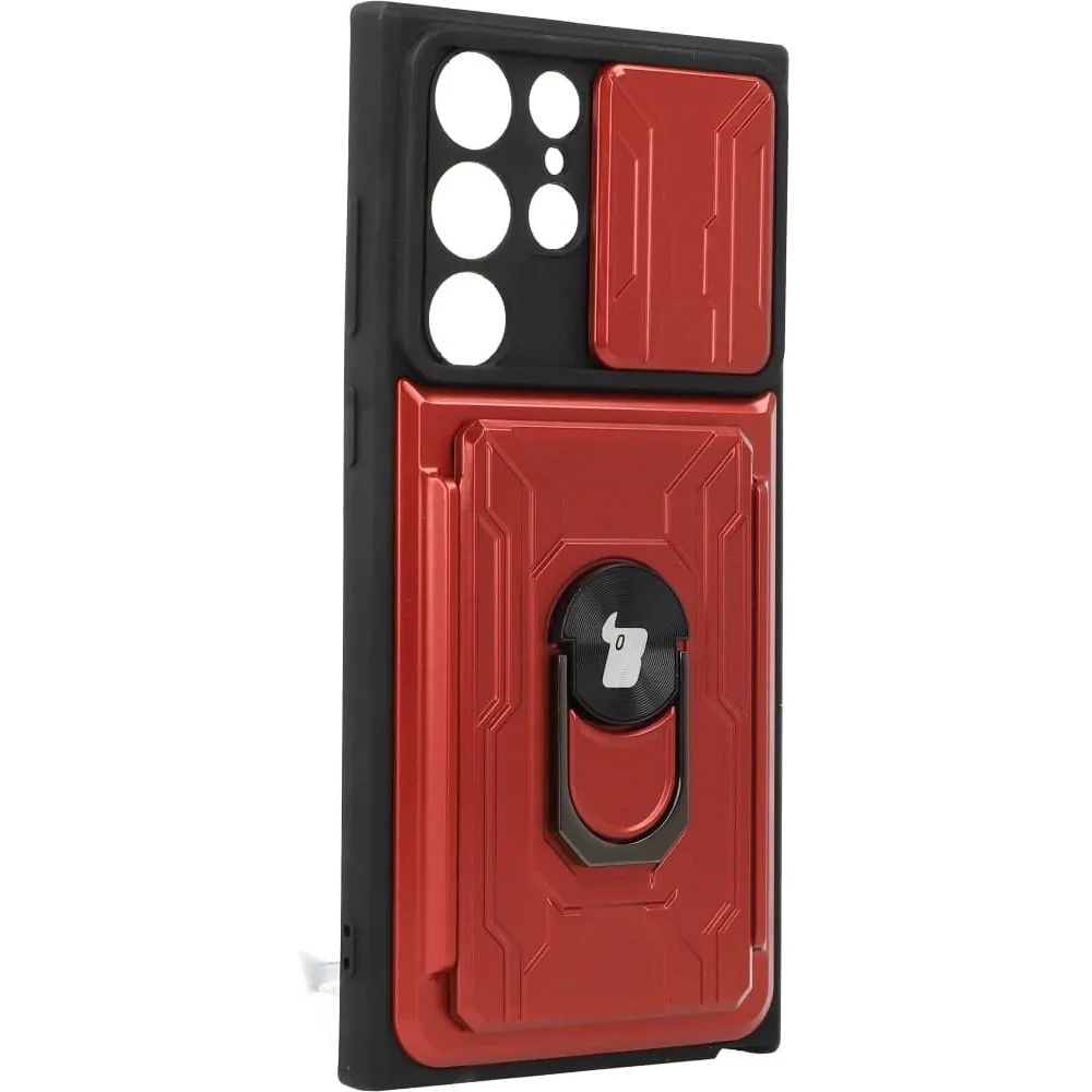 Etui Bizon Case Camshield Card Slot Ring do Samsung Galaxy S22 Ultra czerwone
