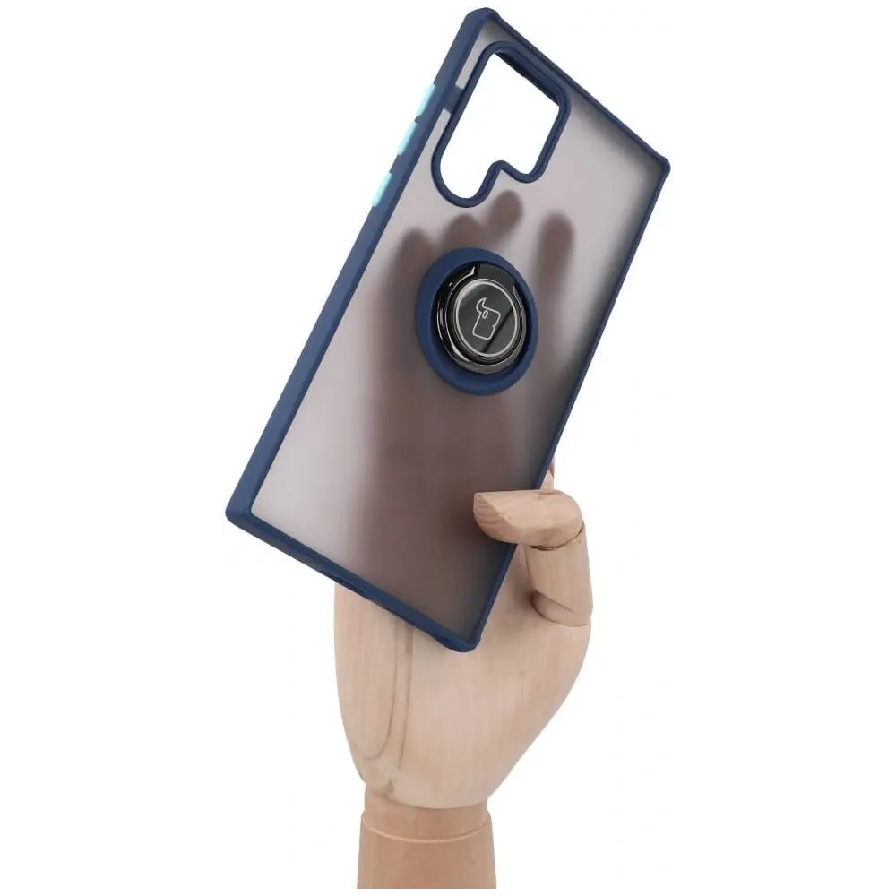 Etui z uchwytem na palec Bizon Case Hybrid Ring do Samsung Galaxy S22 Ultra przydymione z granatową ramką