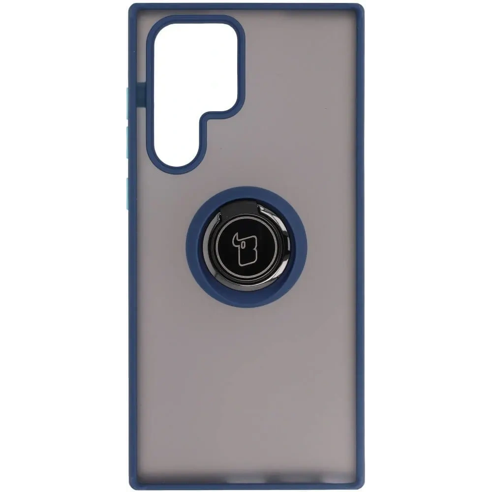 Etui z uchwytem na palec Bizon Case Hybrid Ring do Samsung Galaxy S22 Ultra przydymione z granatową ramką
