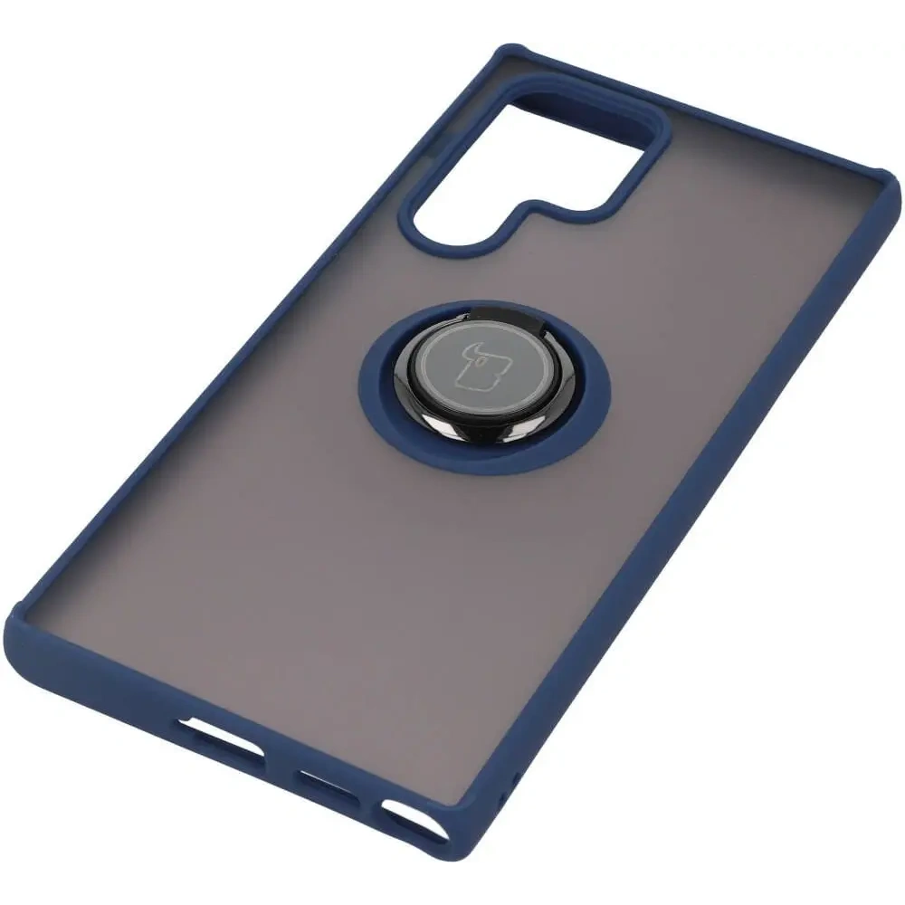 Etui z uchwytem na palec Bizon Case Hybrid Ring do Samsung Galaxy S22 Ultra przydymione z granatową ramką