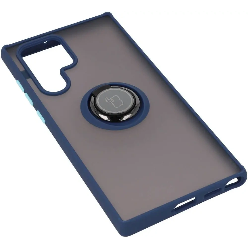 Etui z uchwytem na palec Bizon Case Hybrid Ring do Samsung Galaxy S22 Ultra przydymione z granatową ramką
