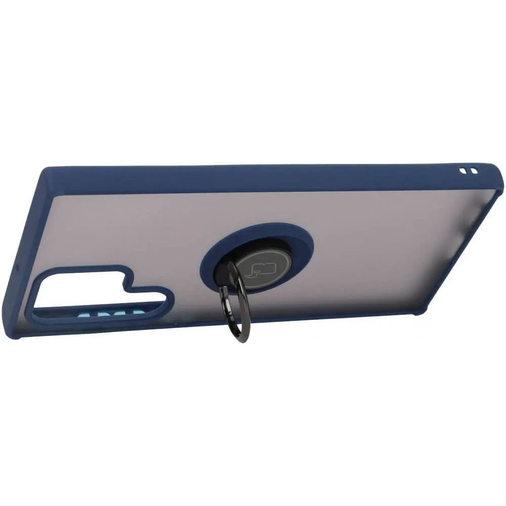 Etui z uchwytem na palec Bizon Case Hybrid Ring do Samsung Galaxy S22 Ultra przydymione z granatową ramką