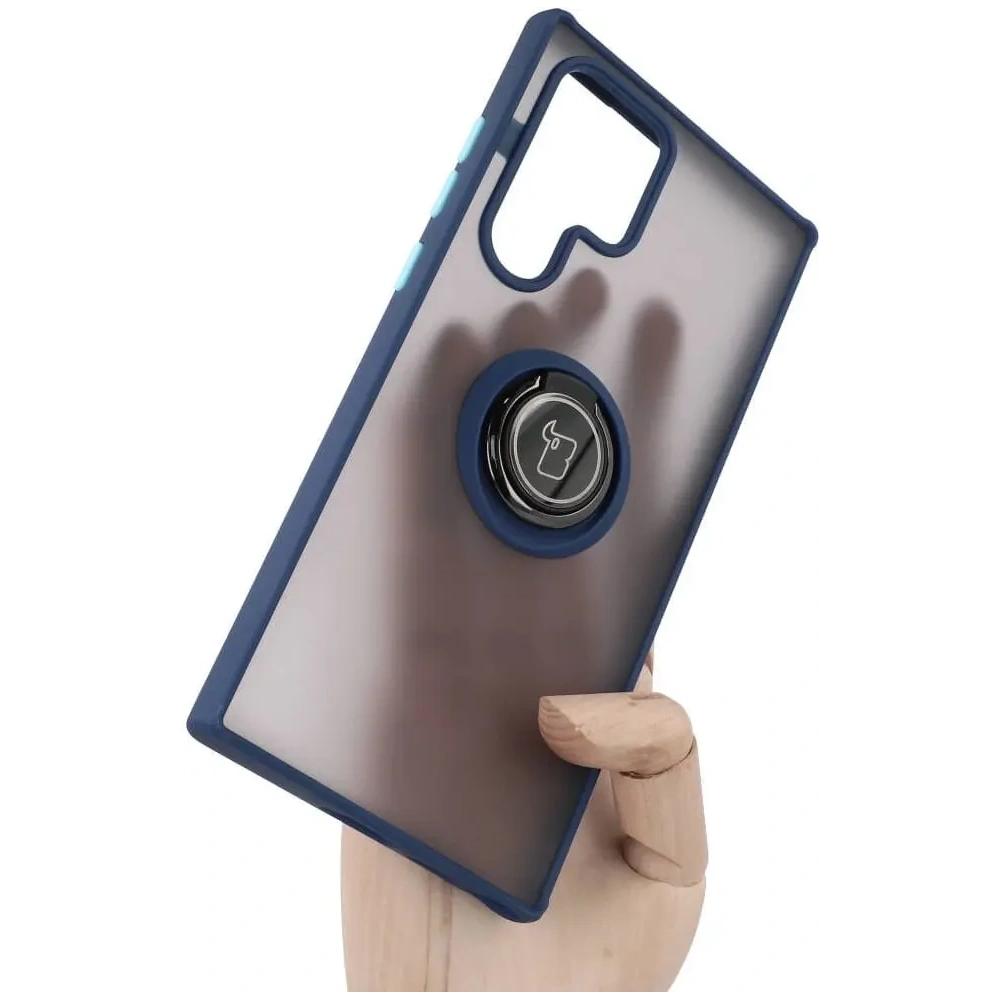 Etui z uchwytem na palec Bizon Case Hybrid Ring do Samsung Galaxy S22 Ultra przydymione z granatową ramką