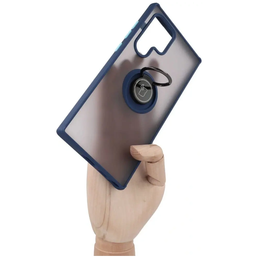 Etui z uchwytem na palec Bizon Case Hybrid Ring do Samsung Galaxy S22 Ultra przydymione z granatową ramką