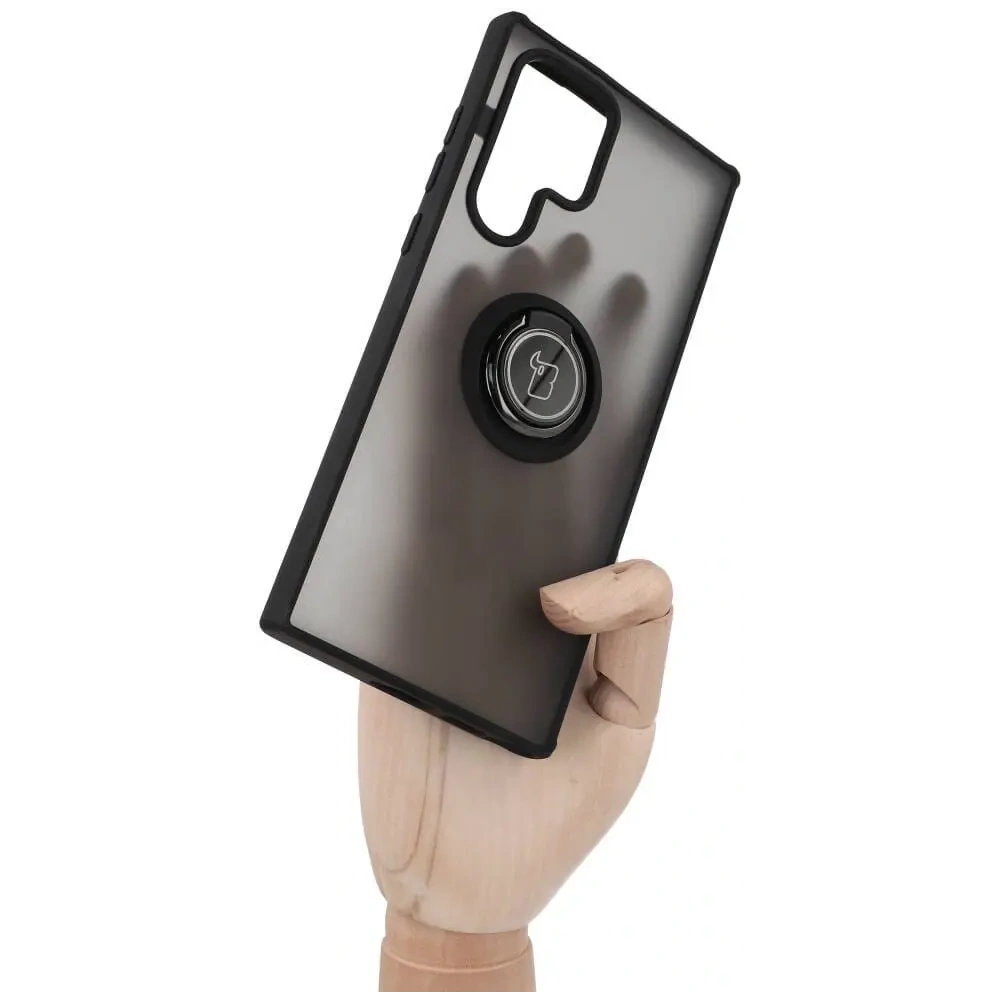 Etui z uchwytem na palec Bizon Case Hybrid Ring do Samsung Galaxy S22 Ultra przydymione z czarną ramką