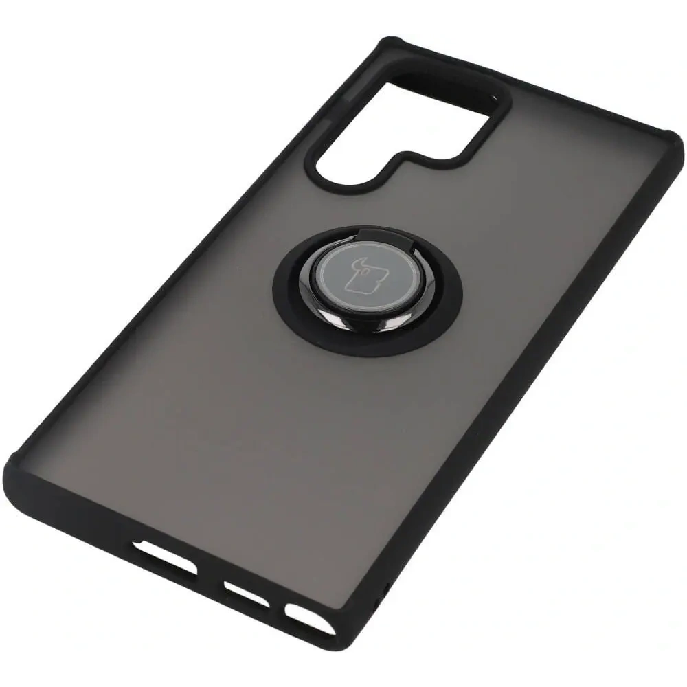 Etui z uchwytem na palec Bizon Case Hybrid Ring do Samsung Galaxy S22 Ultra przydymione z czarną ramką