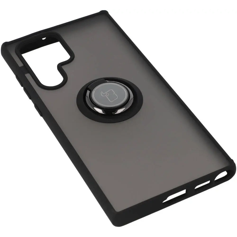 Etui z uchwytem na palec Bizon Case Hybrid Ring do Samsung Galaxy S22 Ultra przydymione z czarną ramką