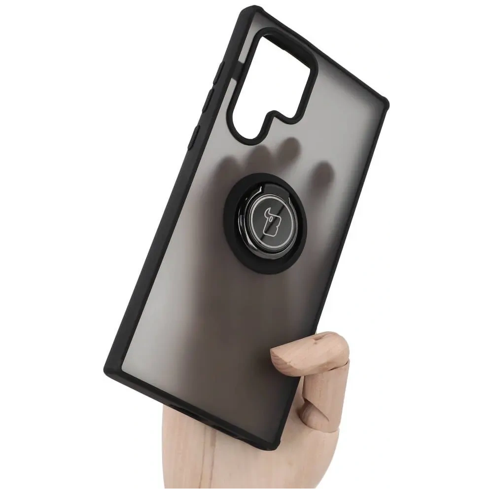 Etui z uchwytem na palec Bizon Case Hybrid Ring do Samsung Galaxy S22 Ultra przydymione z czarną ramką