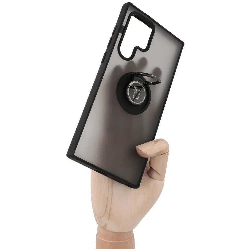 Etui z uchwytem na palec Bizon Case Hybrid Ring do Samsung Galaxy S22 Ultra przydymione z czarną ramką