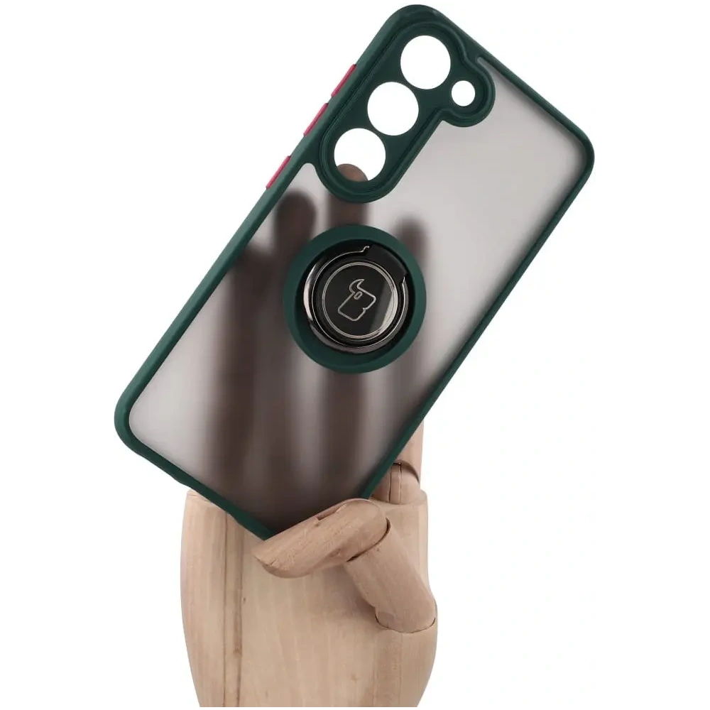 Etui z uchwytem na palec Bizon Case Hybrid Ring do Samsung Galaxy S23 przydymione z ciemnozieloną ramką