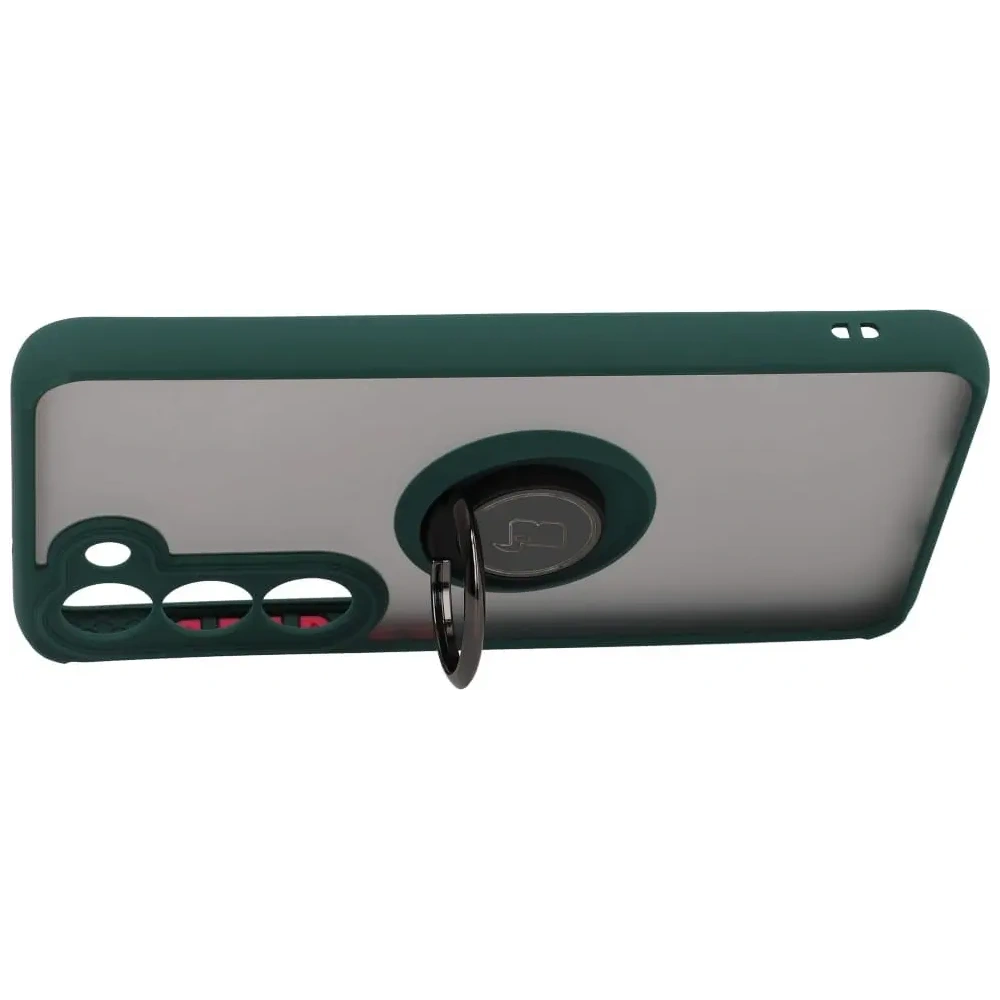 Etui z uchwytem na palec Bizon Case Hybrid Ring do Samsung Galaxy S23 przydymione z ciemnozieloną ramką