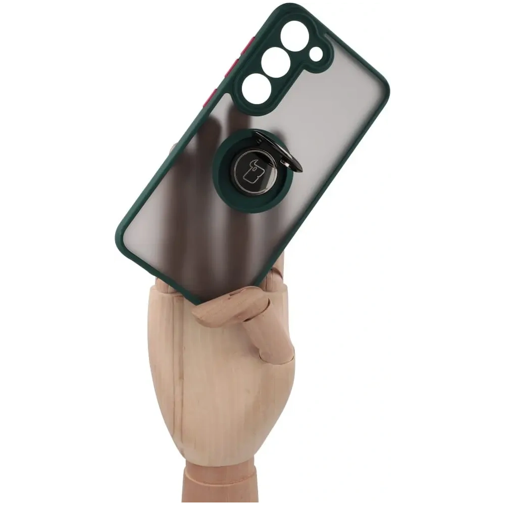 Etui z uchwytem na palec Bizon Case Hybrid Ring do Samsung Galaxy S23 przydymione z ciemnozieloną ramką