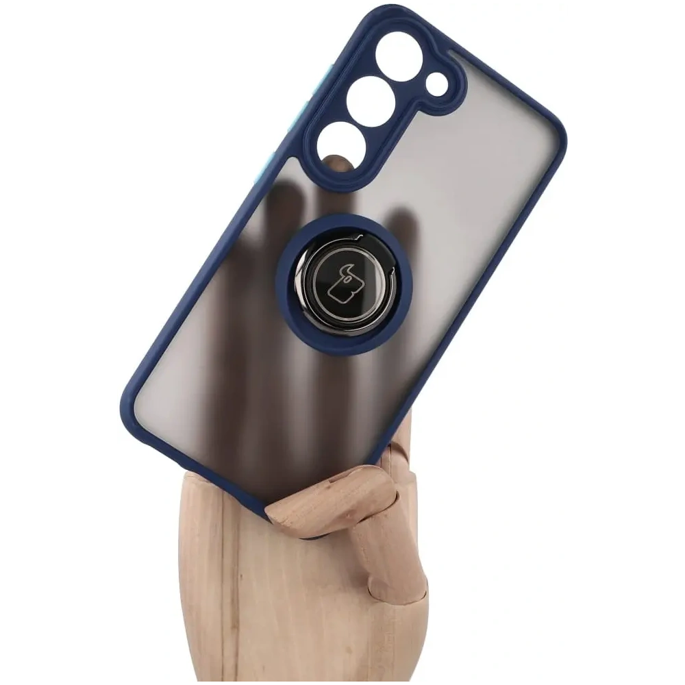 Etui z uchwytem na palec Bizon Case Hybrid Ring do Samsung Galaxy S23 przydymione z granatową ramką